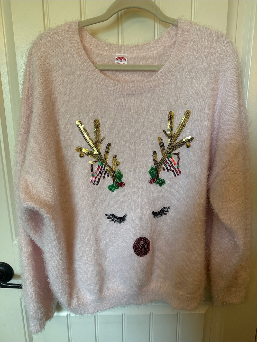 Holiday Time Pink Fuzzy Reindeer Crewneck Sweater